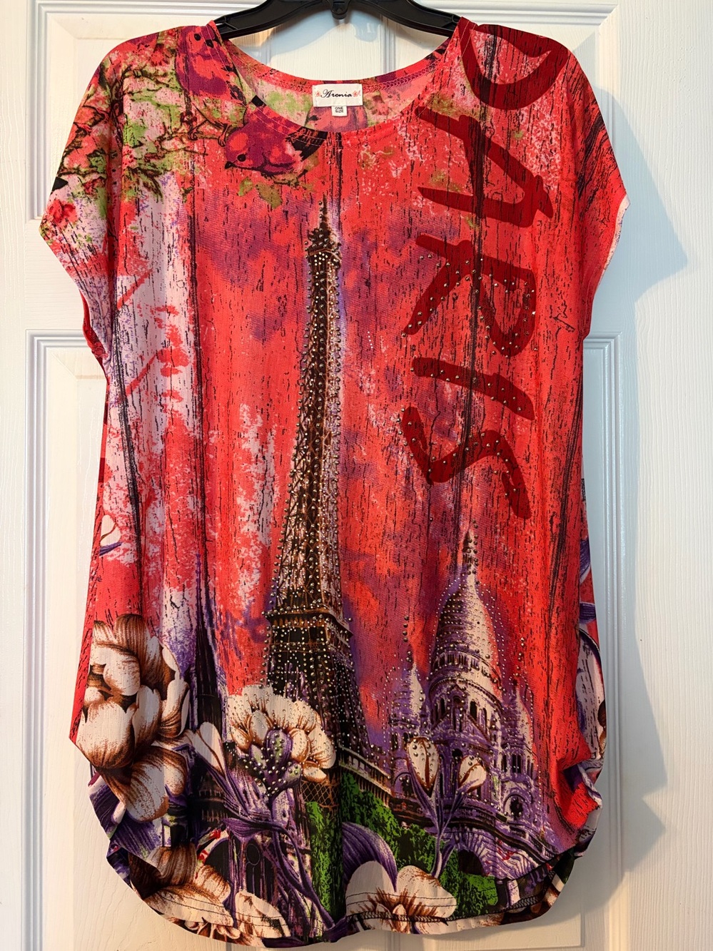New: Flamingo Red Paris Print Short Sleeve Top